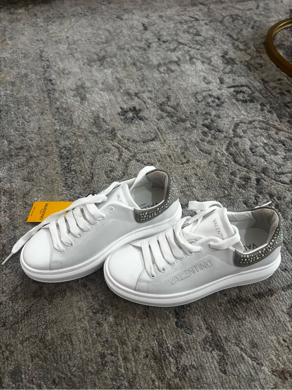 Valentino White Leather Low-Top Sneakers with Silver Crystal Heel